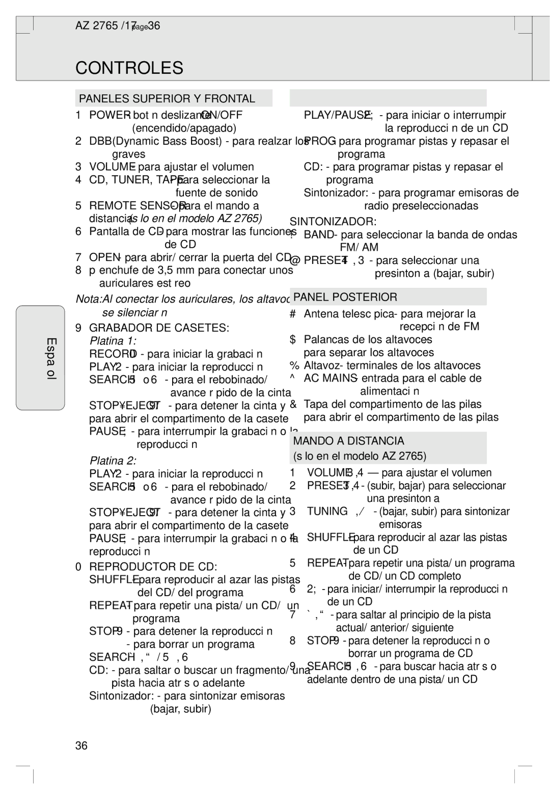 Philips 2760 manual Controles, Platina 