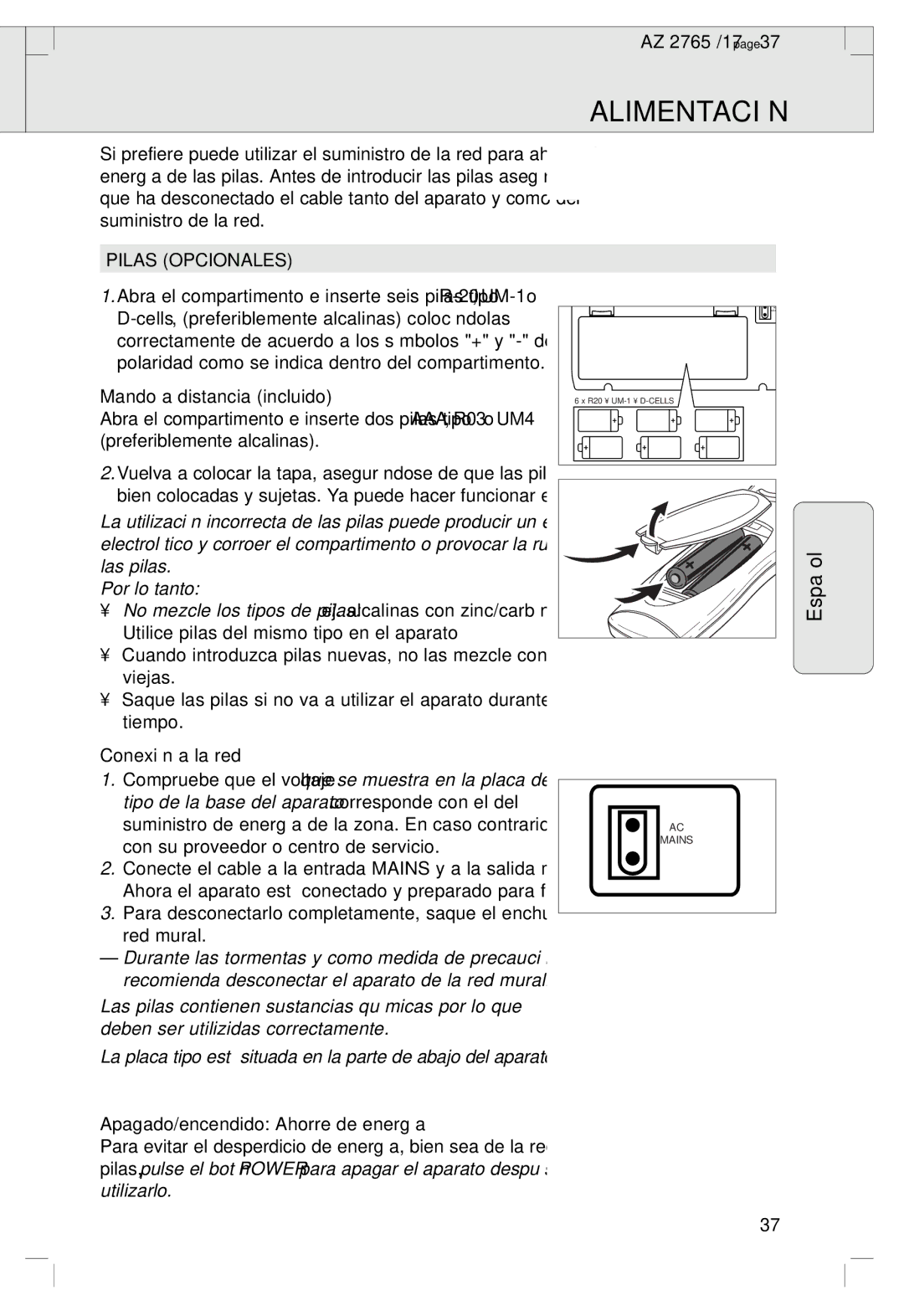 Philips 2760 manual Alimentación, Pilas Opcionales, Mando a distancia incluido, Conexión a la red 