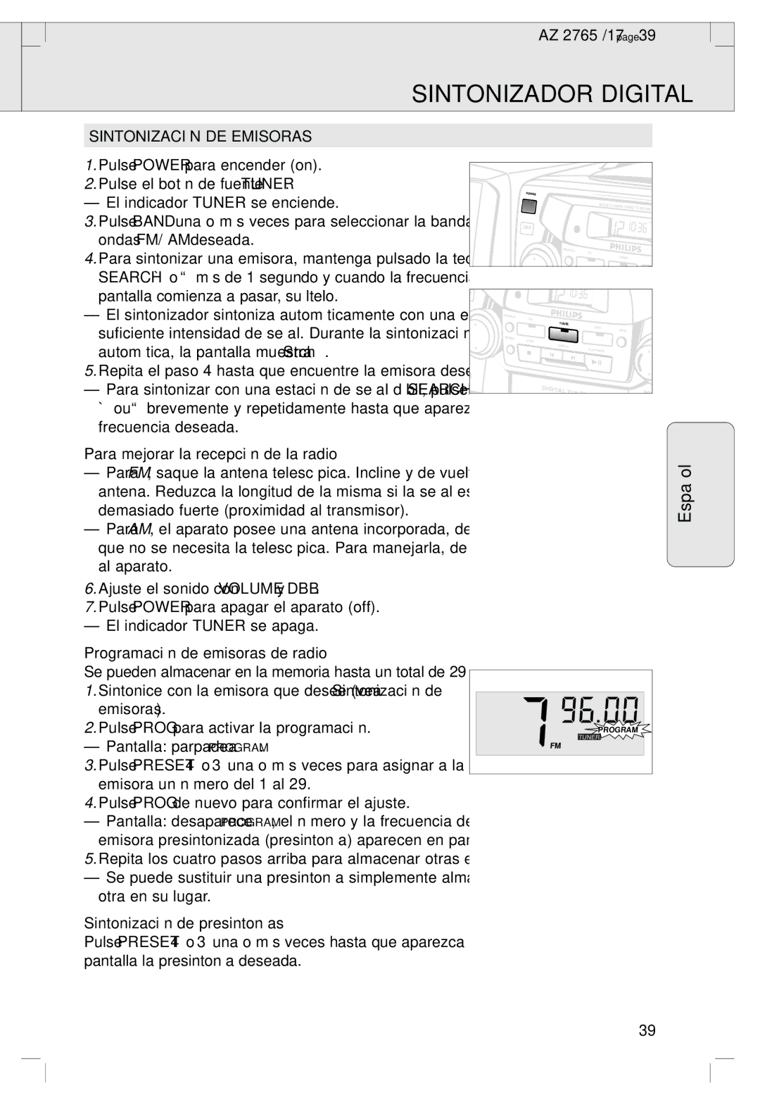 Philips 2760 manual Sintonizador Digital, Sintonización DE Emisoras, Para mejorar la recepción de la radio 