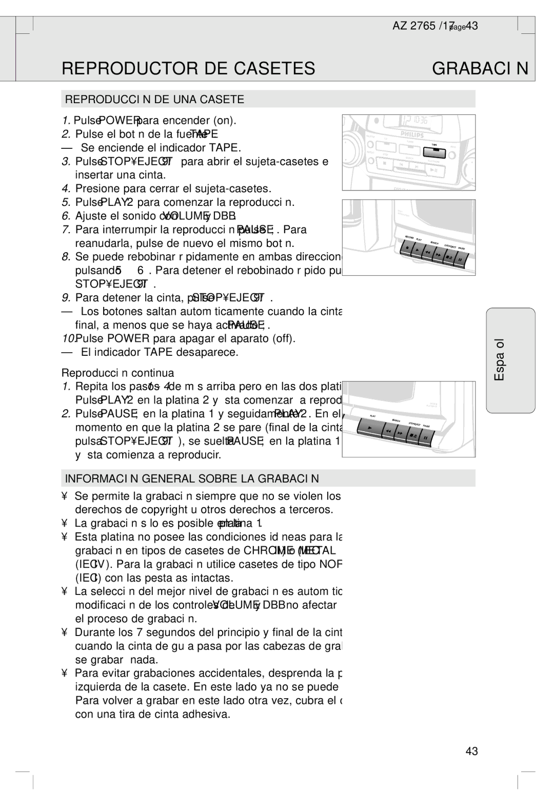 Philips 2760 manual Reproductor DE Casetes, Reproducción DE UNA Casete, Stopeject, Reproducción continua 