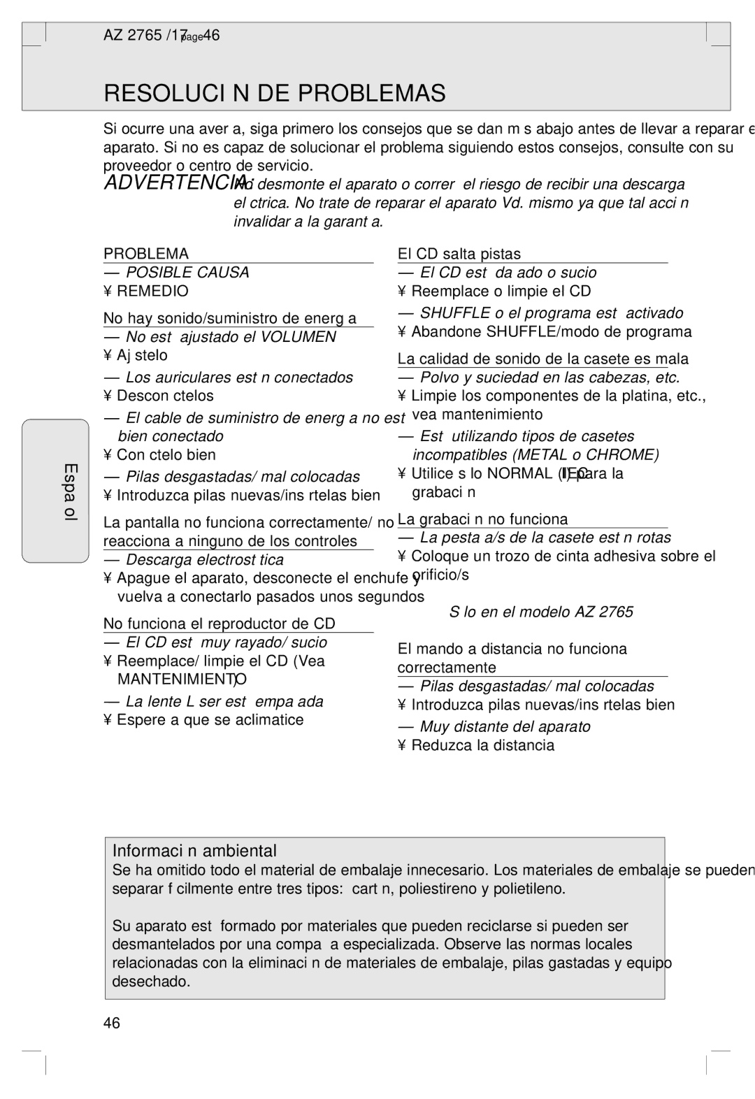 Philips 2760 manual Resolución DE Problemas, Sólo en el modelo AZ, Mantenimiento 