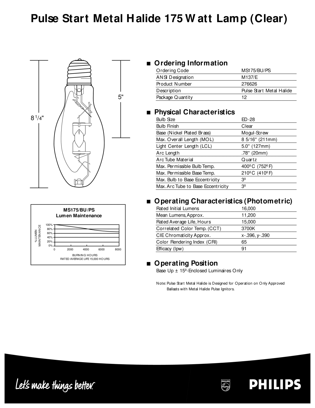 Philips 276626 manual Ordering Information, Physical Characteristics, Operating Characteristics Photometric 