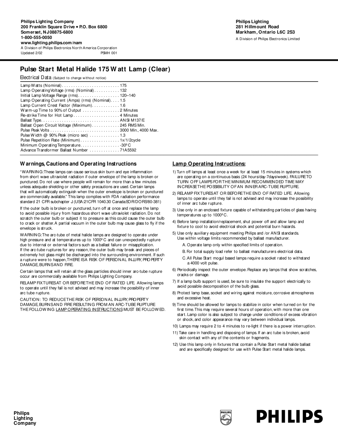 Philips 276626 manual Pulse Start Metal Halide 175 Watt Lamp Clear 