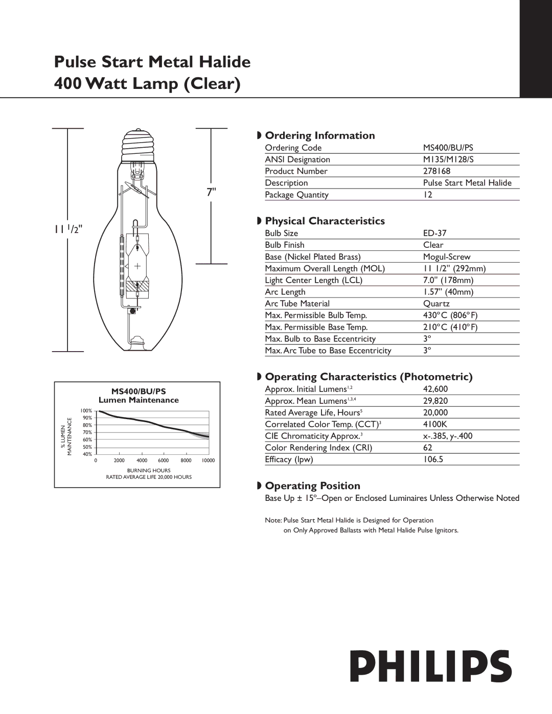 Philips 278168 manual Ordering Information, Physical Characteristics, Operating Characteristics Photometric 