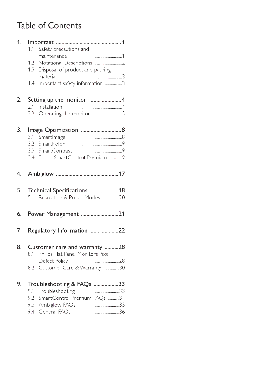 Philips 278C4QHSN/27 user manual Table of Contents 