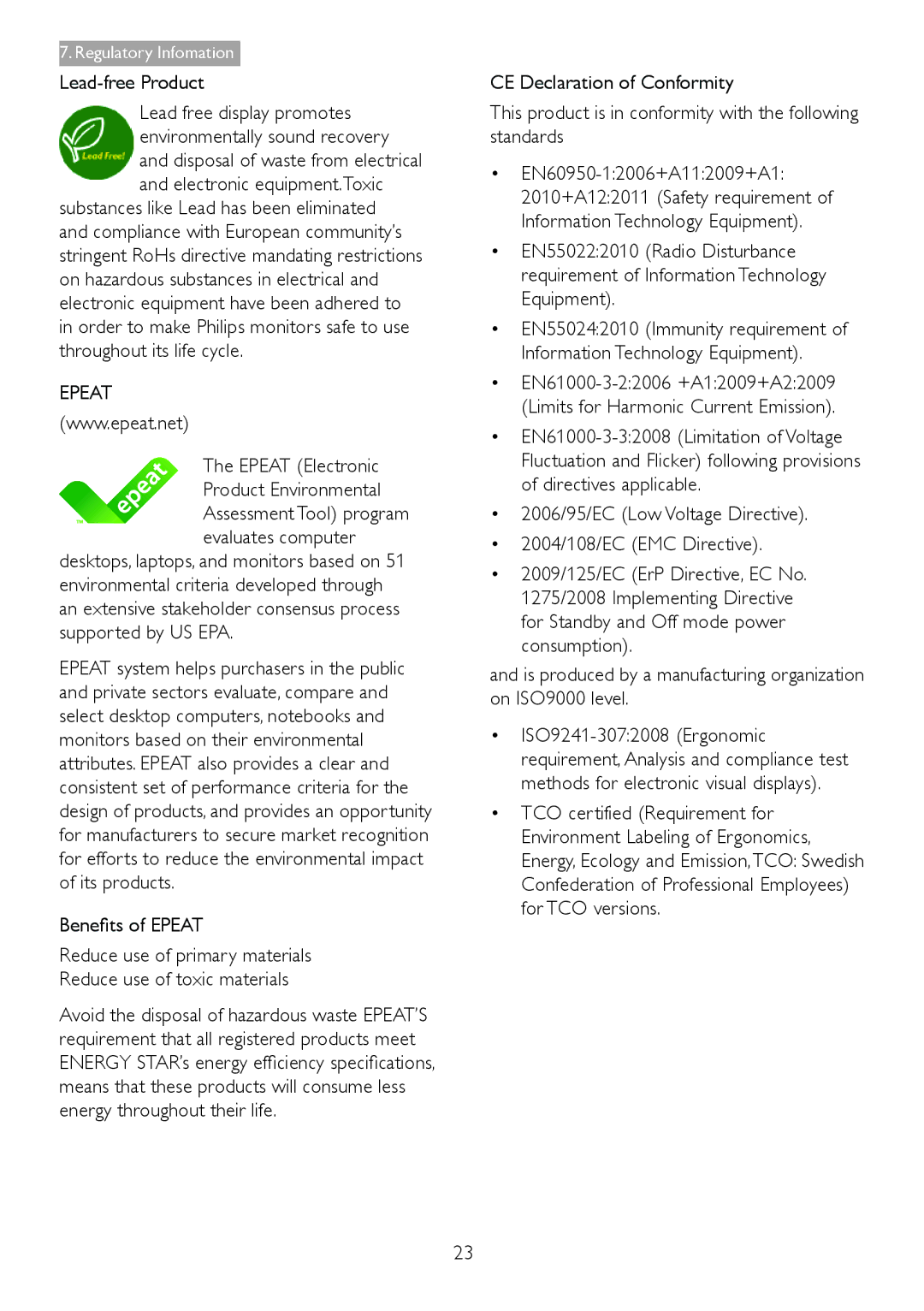 Philips 278C4QHSN/27 user manual Lead-free Product, Epeat Electronic Product Environmental, Benefits of Epeat 