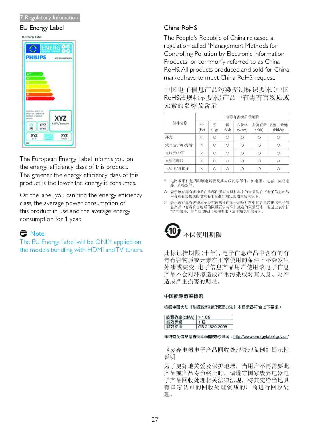 Philips 278C4QHSN/27 user manual EU Energy Label, China RoHS 