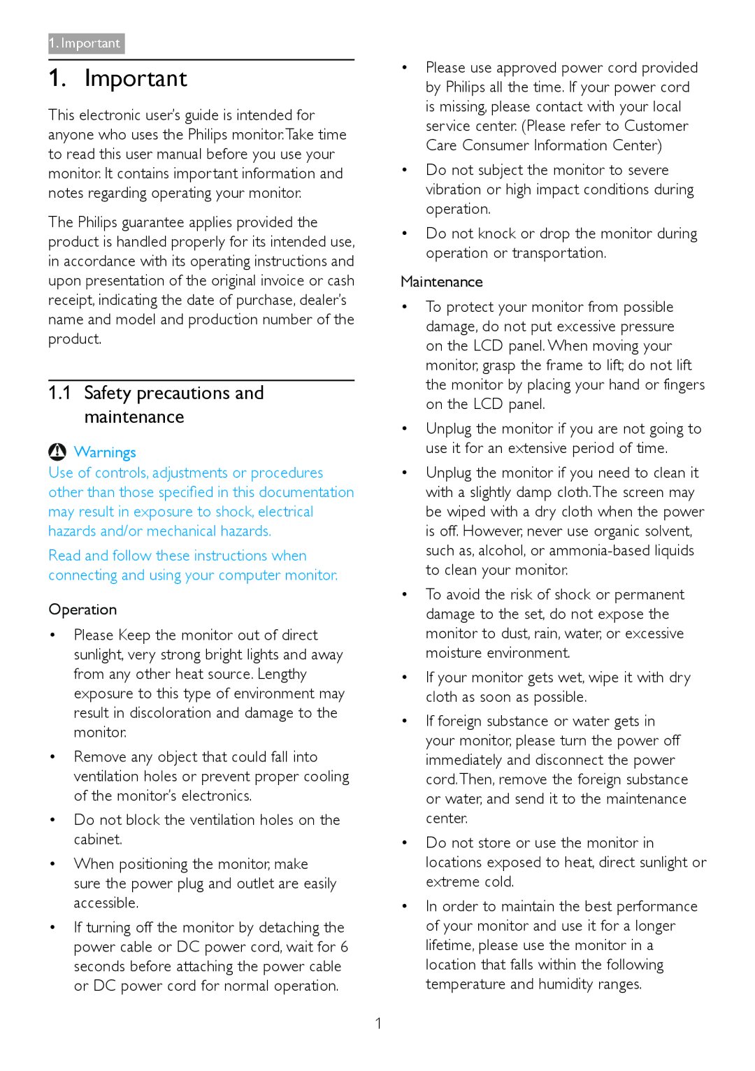 Philips 278C4QHSN/27 user manual Safety precautions and maintenance, Operation 