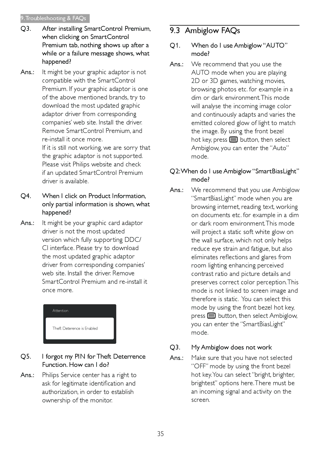 Philips 278C4QHSN/27 Ambiglow FAQs, Q1. When do I use Ambiglow Auto mode?, Q2When do I use Ambiglow SmartBiasLight mode? 