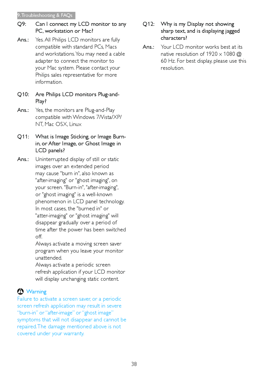 Philips 278C4QHSN/27 user manual Q10 Are Philips LCD monitors Plug-and- Play? 