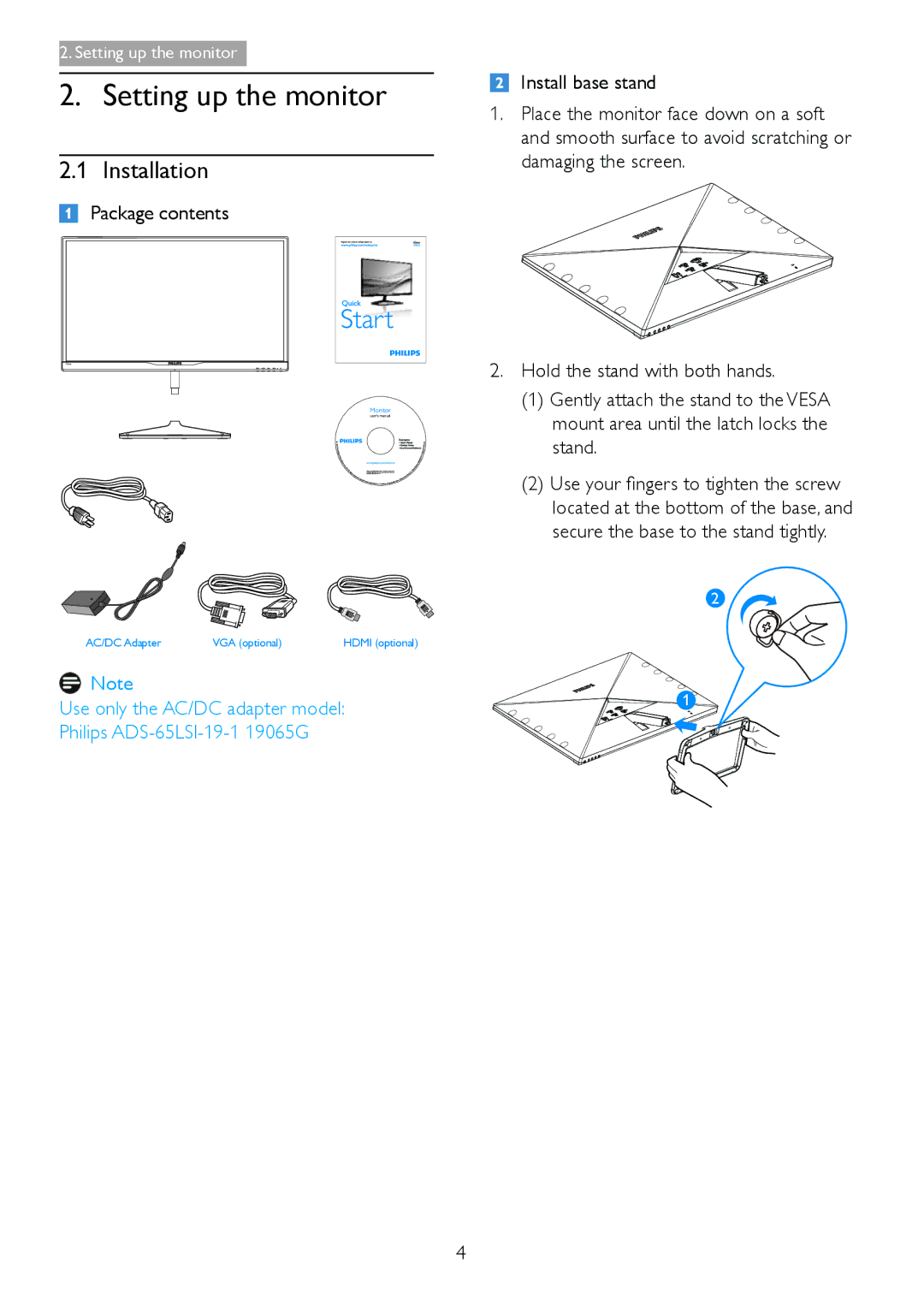 Philips 278C4QHSN/27 user manual Setting up the monitor, Installation, Package contents 