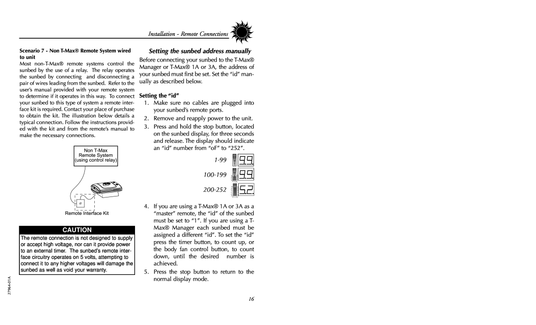 Philips 27964-01A Setting the sunbed address manually, Installation - Remote Connections, 1-99 100-199, Setting the “id” 