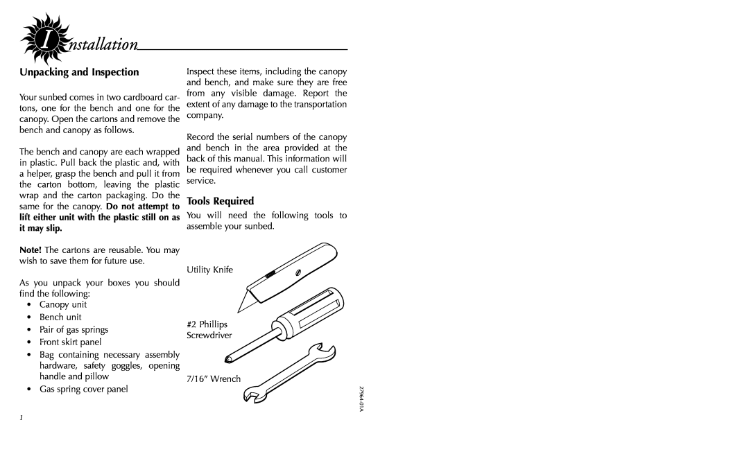 Philips 27964-01A user manual nstallation, Unpacking and Inspection, Tools Required 