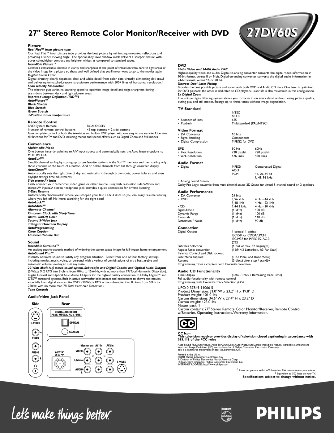 Philips 27DV 60S manual Picture, Remote Control, Convenience, TV Standard, Video Format, Sound, Audio/video Jack Panel 