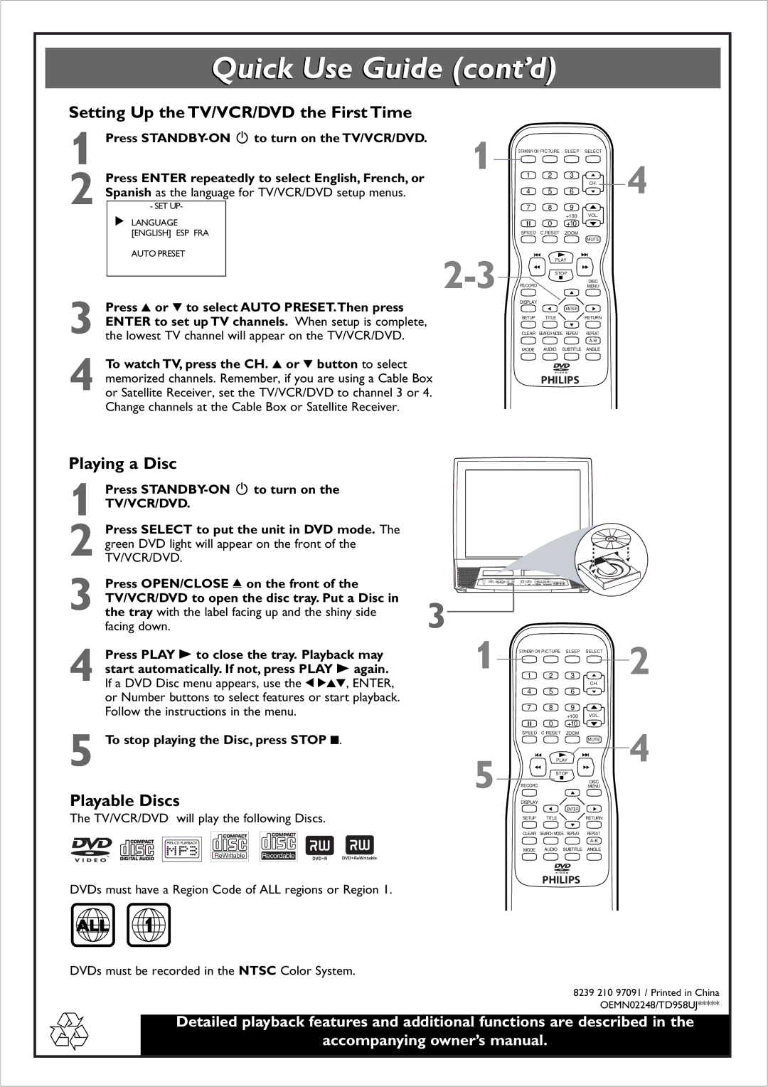 Philips 27DVCR55 manual Setting Up the TV/VCR/DVD the First Time, Playing a Disc, Playable Discs 