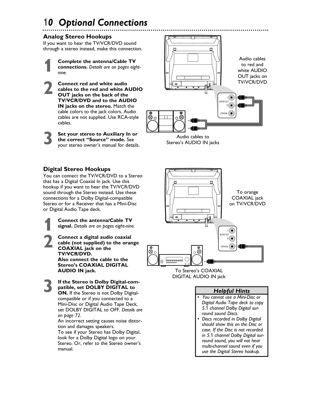 Philips 27DVCR55S owner manual Optional Connections, Analog Stereo Hookups, Digital Stereo Hookups 