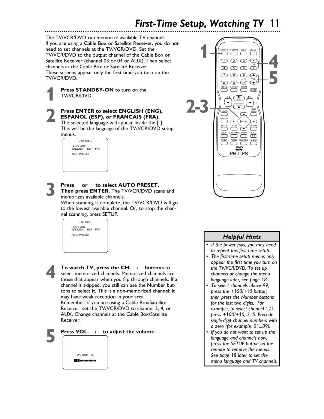 Philips 27DVCR55S owner manual First-Time Setup, Watching TV, Press VOL. / to adjust the volume 