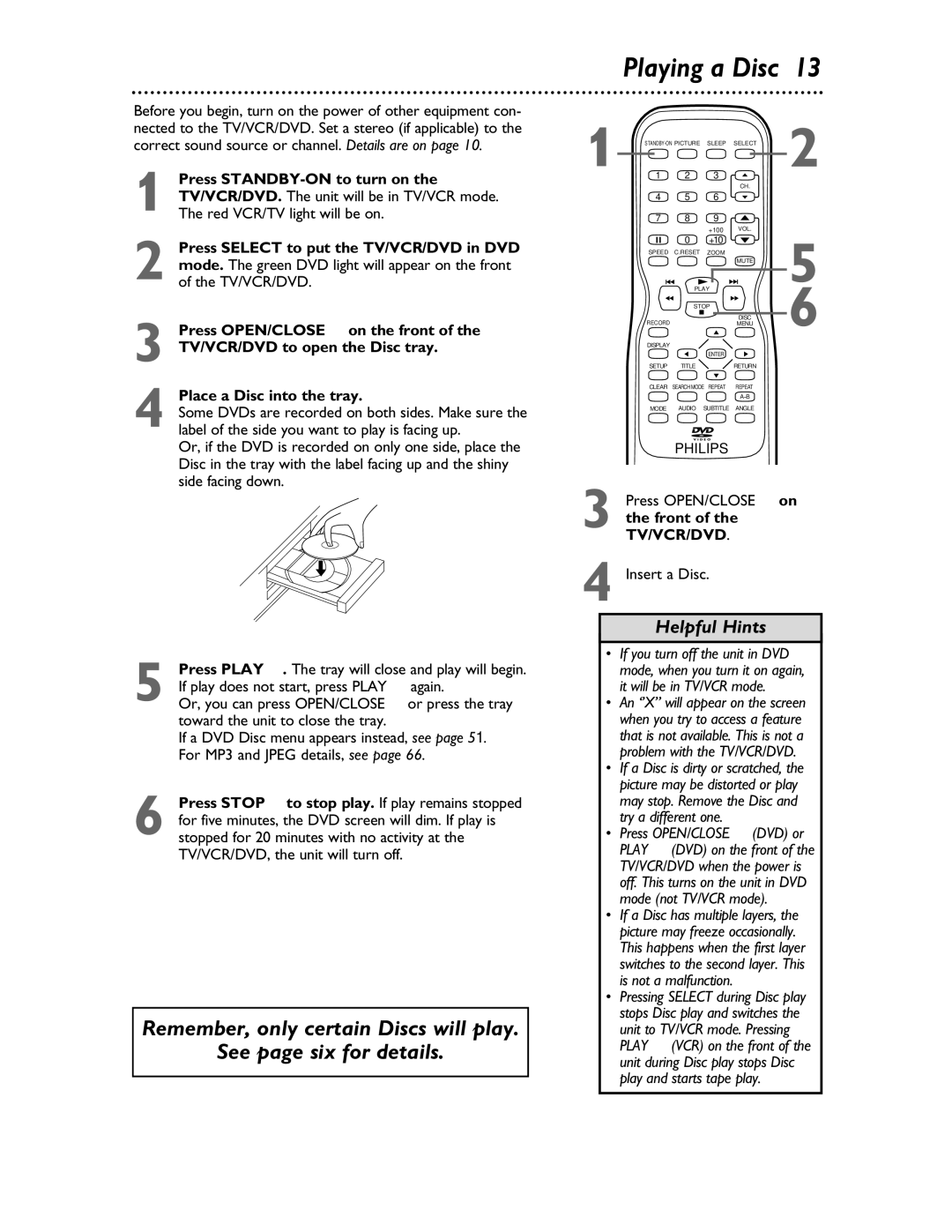 Philips 27DVCR55S owner manual Playing a Disc 