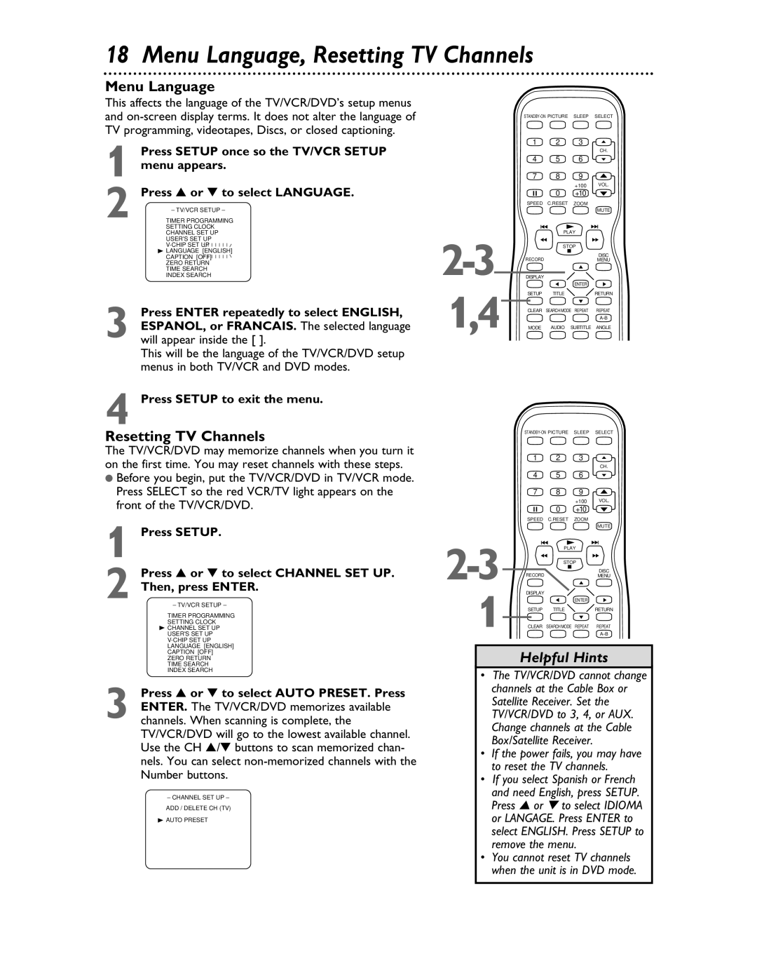 Philips 27DVCR55S owner manual Menu Language, Resetting TV Channels, Press Setup once so the TV/VCR Setup menu appears 