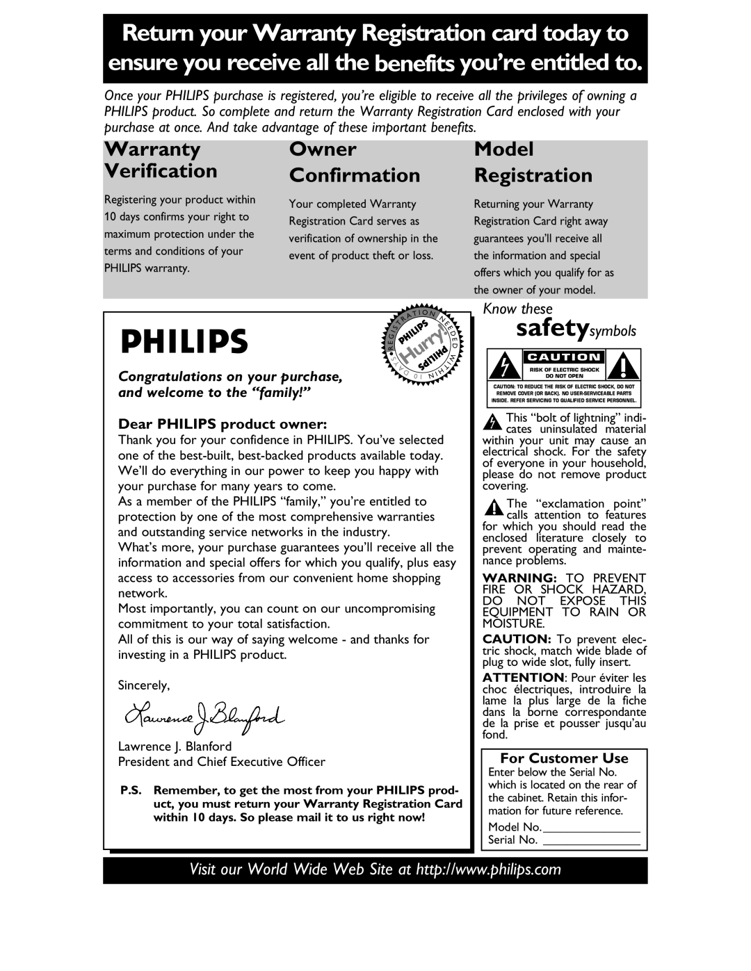 Philips 27DVCR55S owner manual Dear Philips product owner, For Customer Use, Model No Serial No 