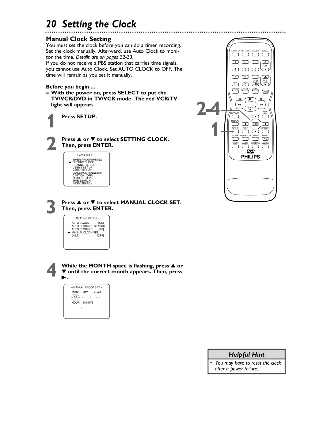 Philips 27DVCR55S Setting the Clock, Manual Clock Setting, Press or to select Manual Clock SET Then, press Enter 