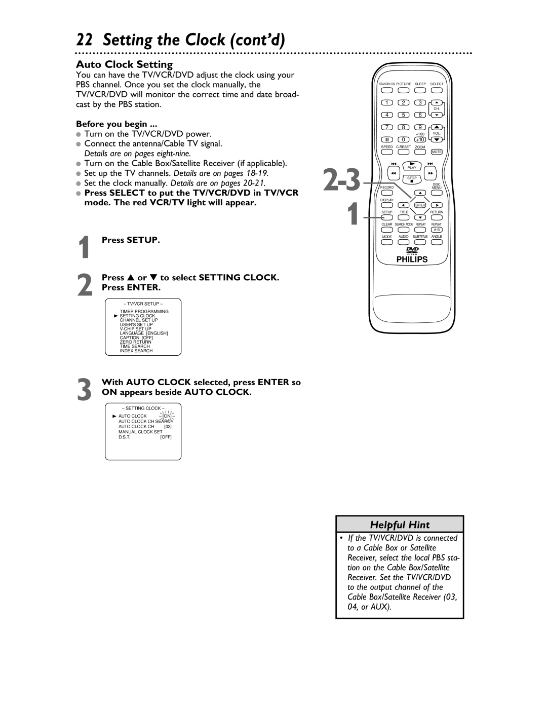 Philips 27DVCR55S owner manual Auto Clock Setting, Before you begin, Turn on the TV/VCR/DVD power 