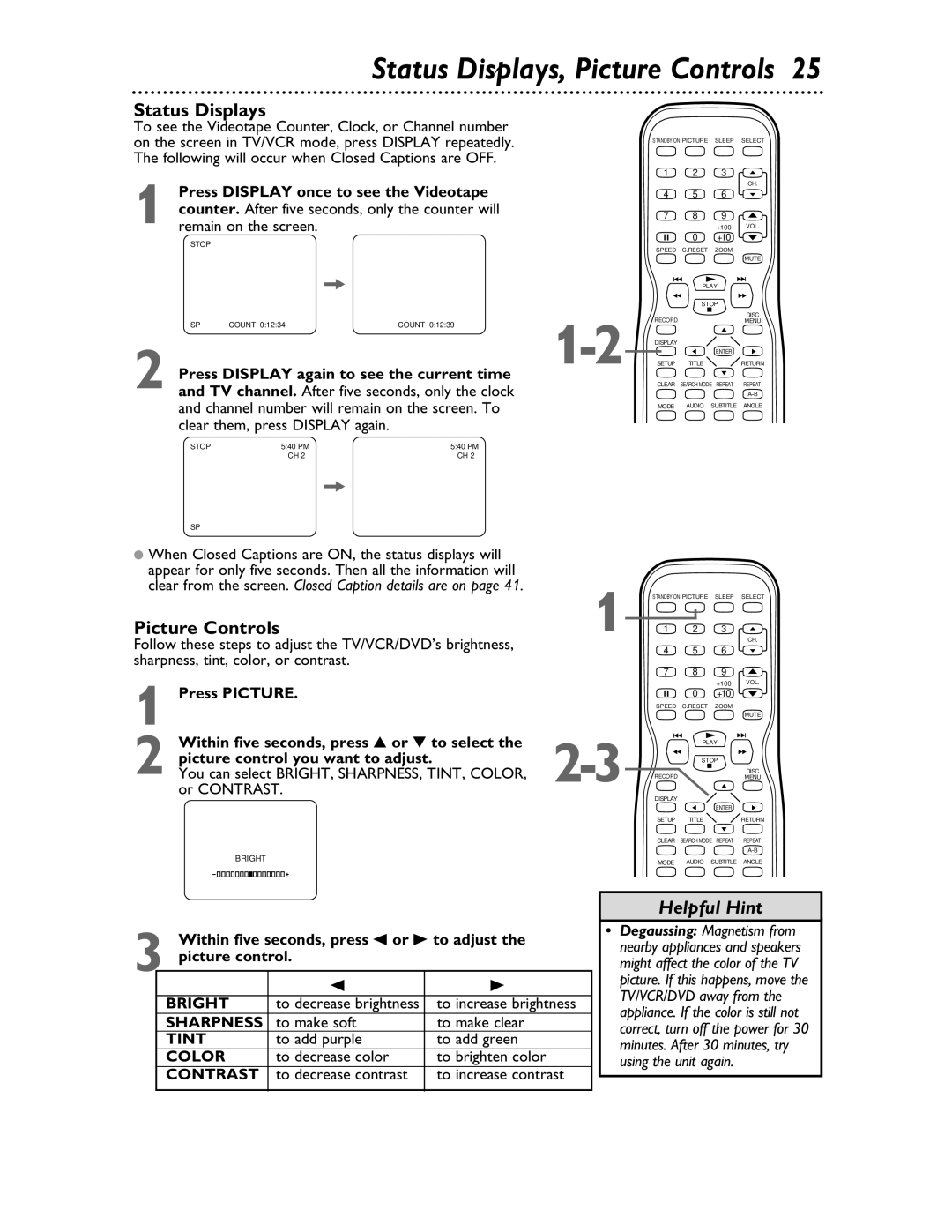 Philips 27DVCR55S owner manual Status Displays, Picture Controls 