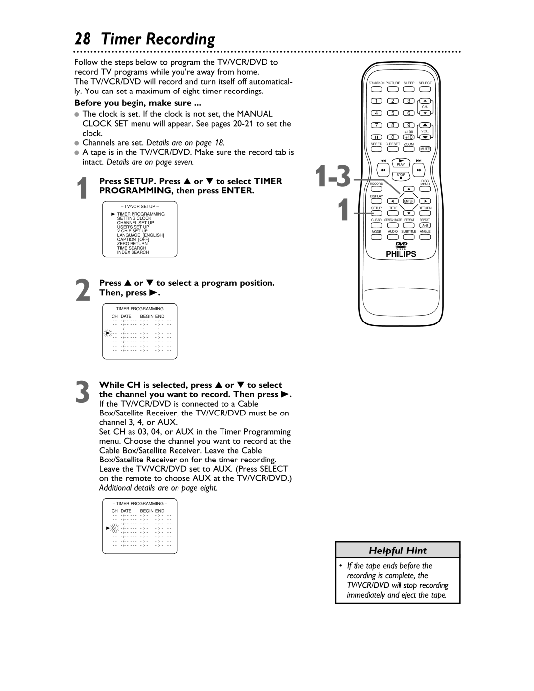 Philips 27DVCR55S owner manual Timer Recording, Before you begin, make sure, Channels are set. Details are on 