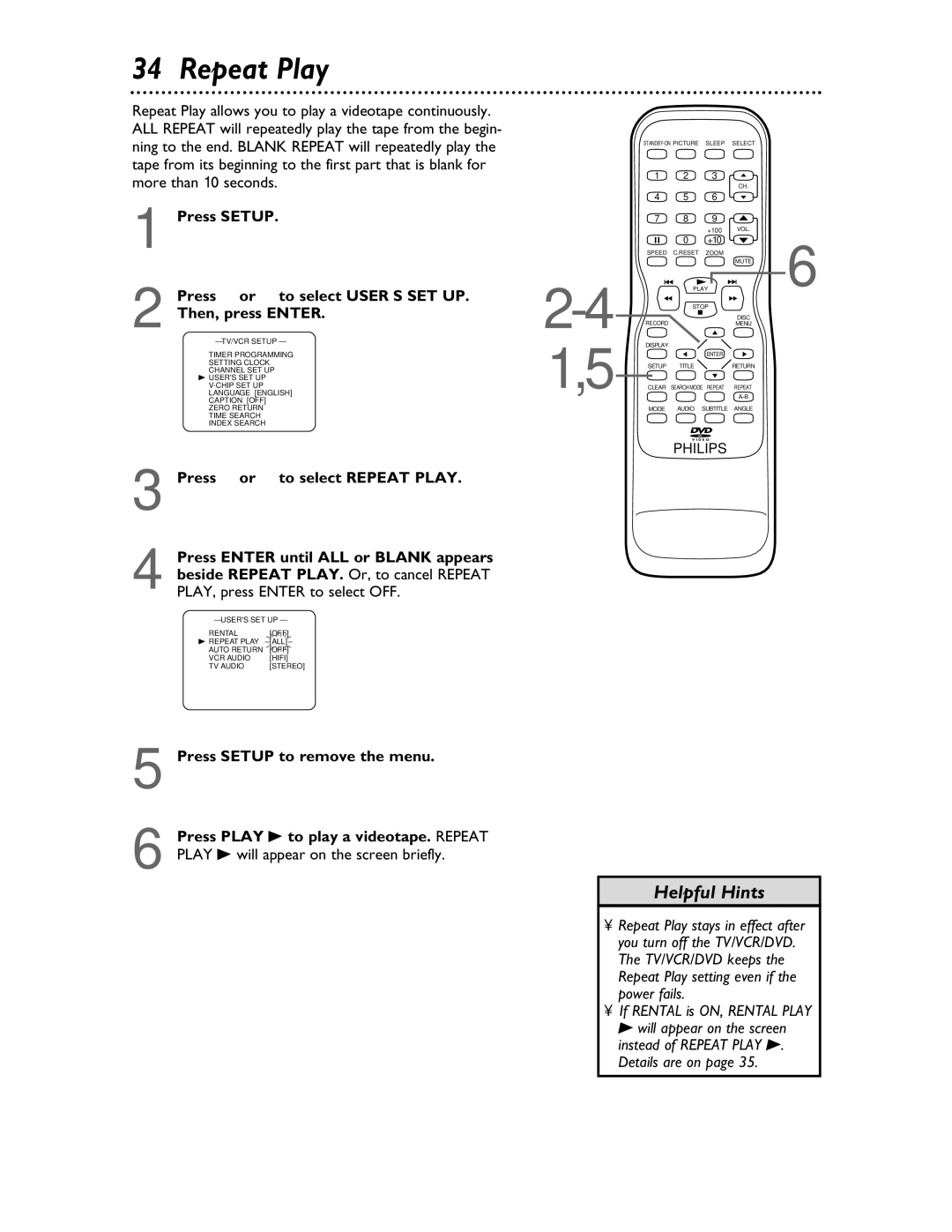 Philips 27DVCR55S owner manual Repeat Play, PLAY, press Enter to select OFF, Play B will appear on the screen briefly 