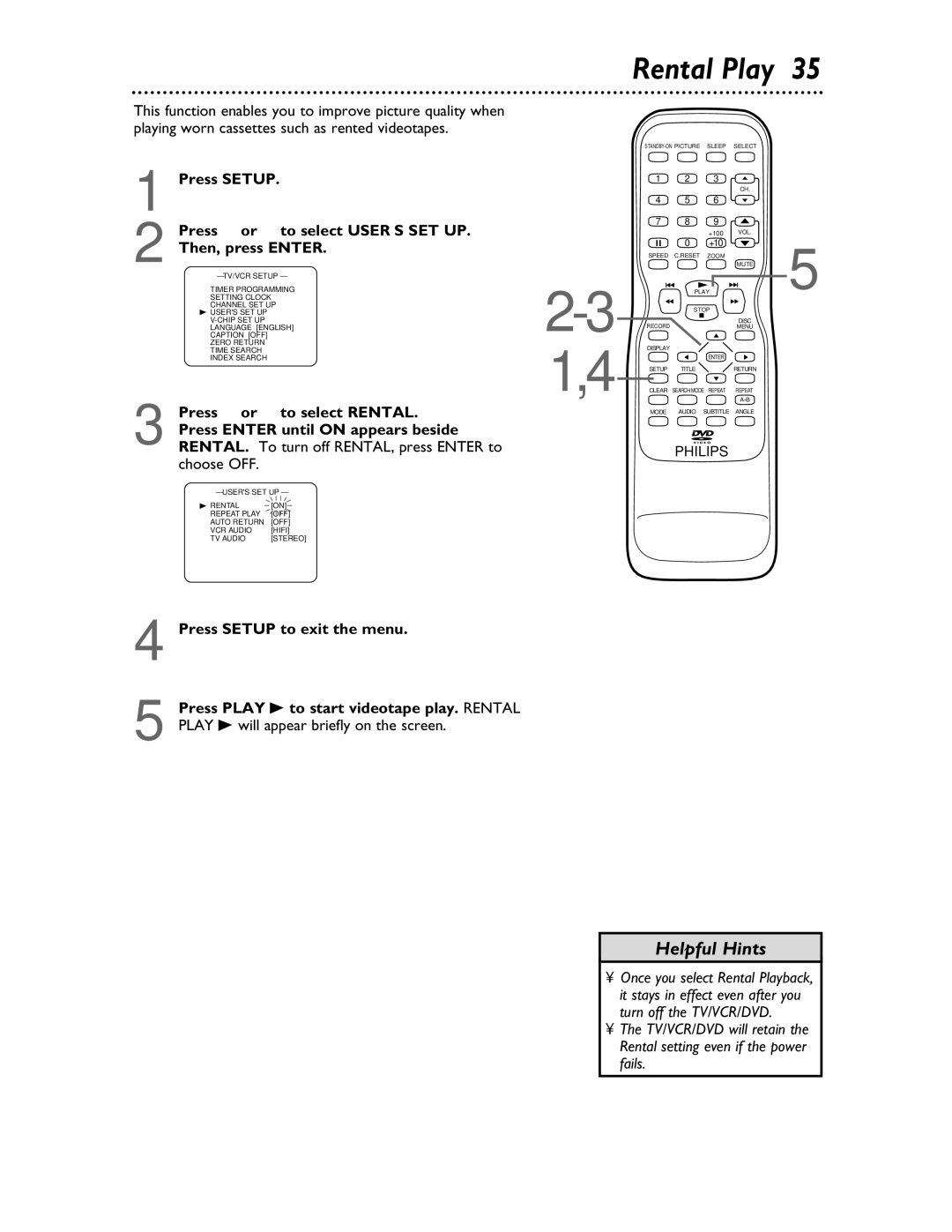 Philips 27DVCR55S owner manual Rental Play, Press or to select Rental, Press Enter until on appears beside, Choose OFF 