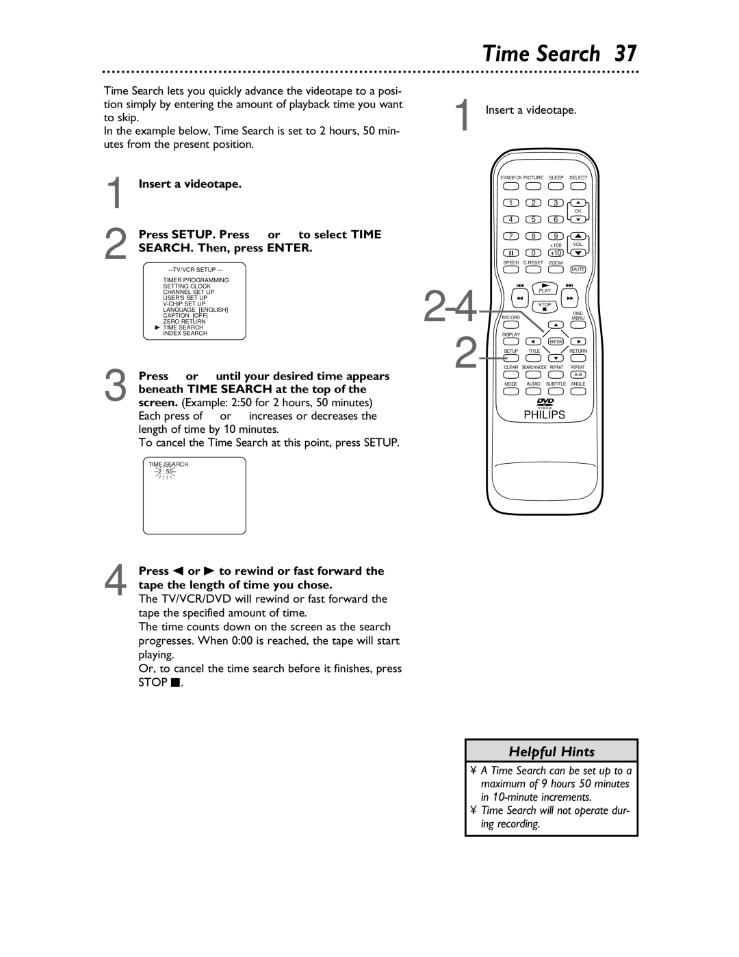 Philips 27DVCR55S owner manual Time Search, Length of time by 10 minutes, Insert a videotape 