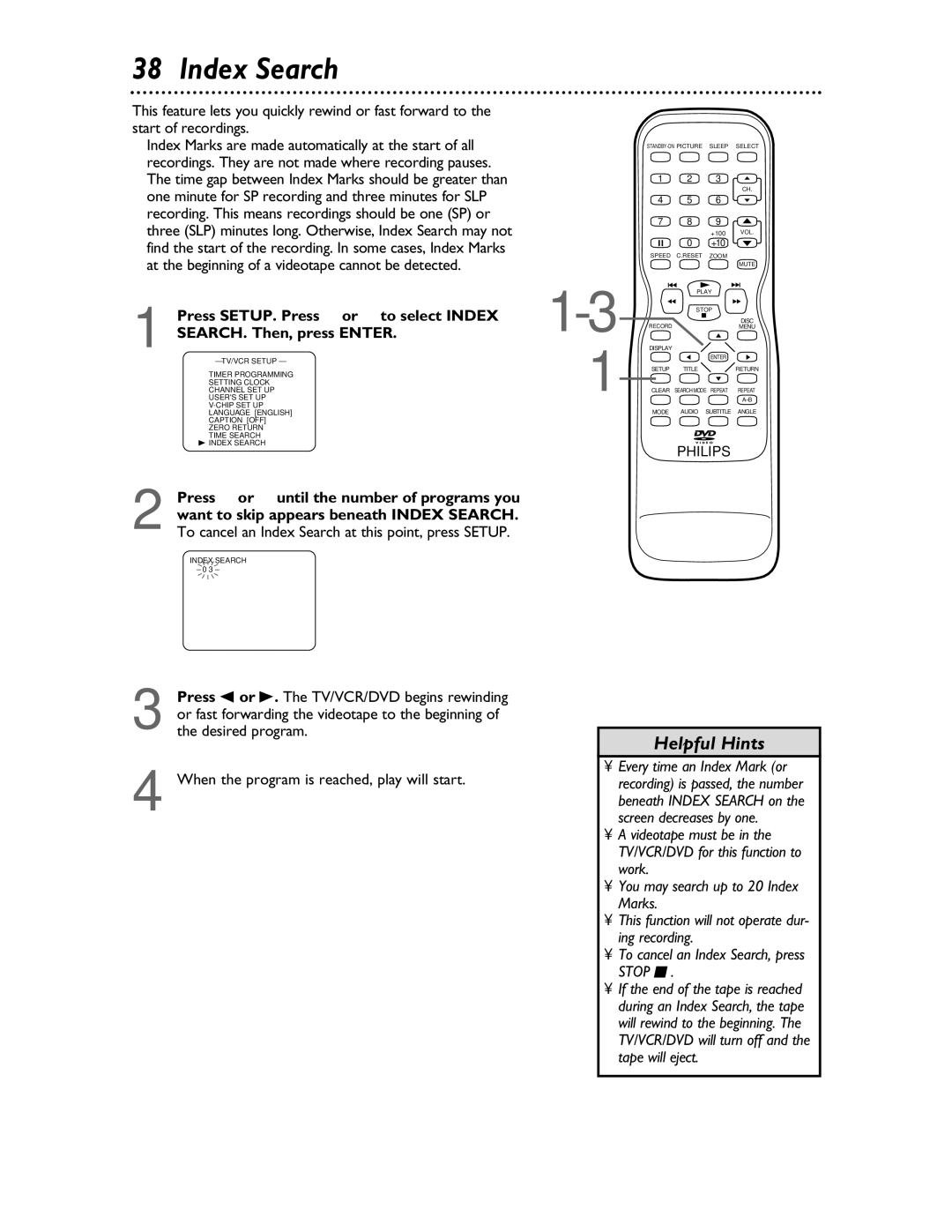 Philips 27DVCR55S owner manual Index Search, Stop C 