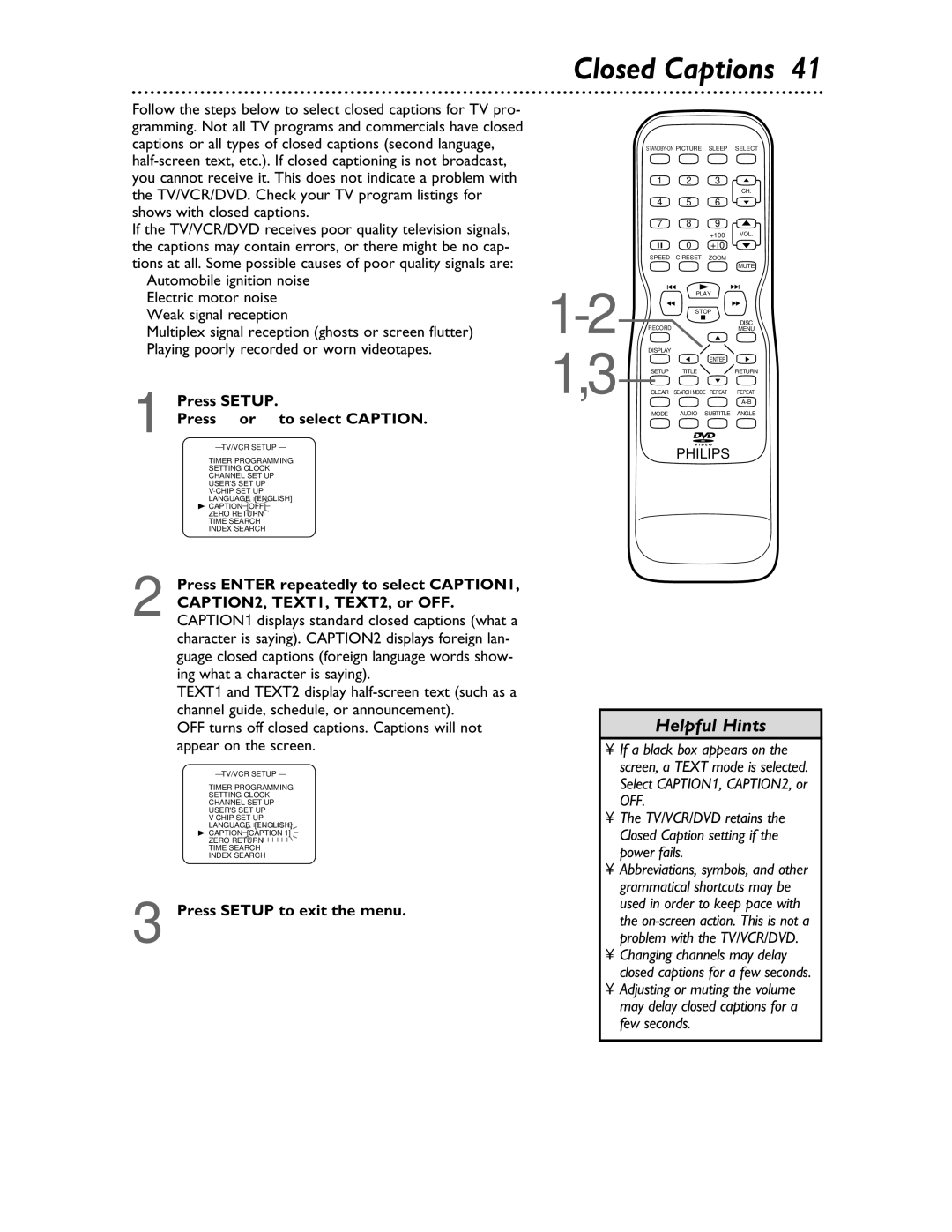 Philips 27DVCR55S owner manual Closed Captions, Press Setup Press or to select Caption 