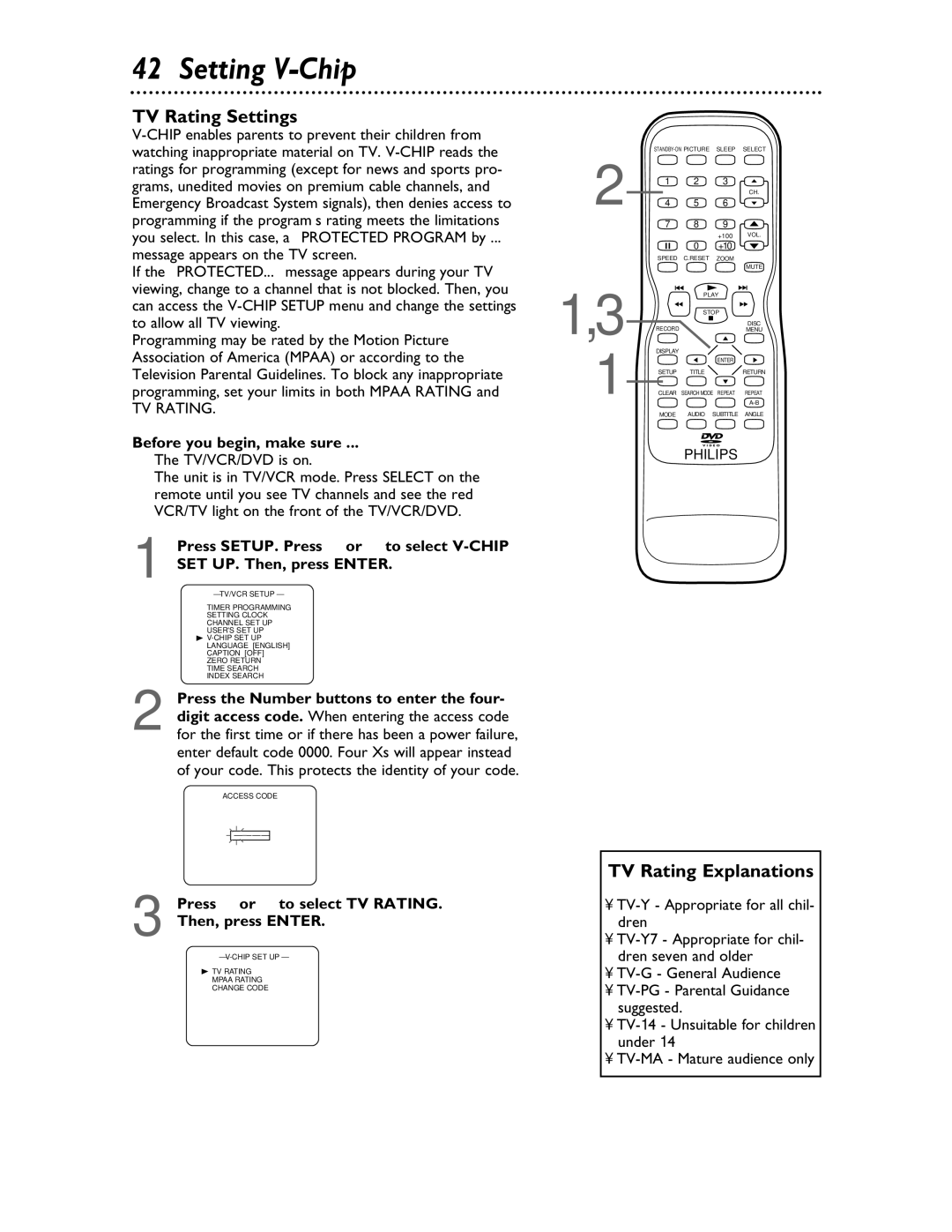 Philips 27DVCR55S owner manual Setting V-Chip, TV Rating Settings, TV Rating Explanations, TV/VCR/DVD is on 