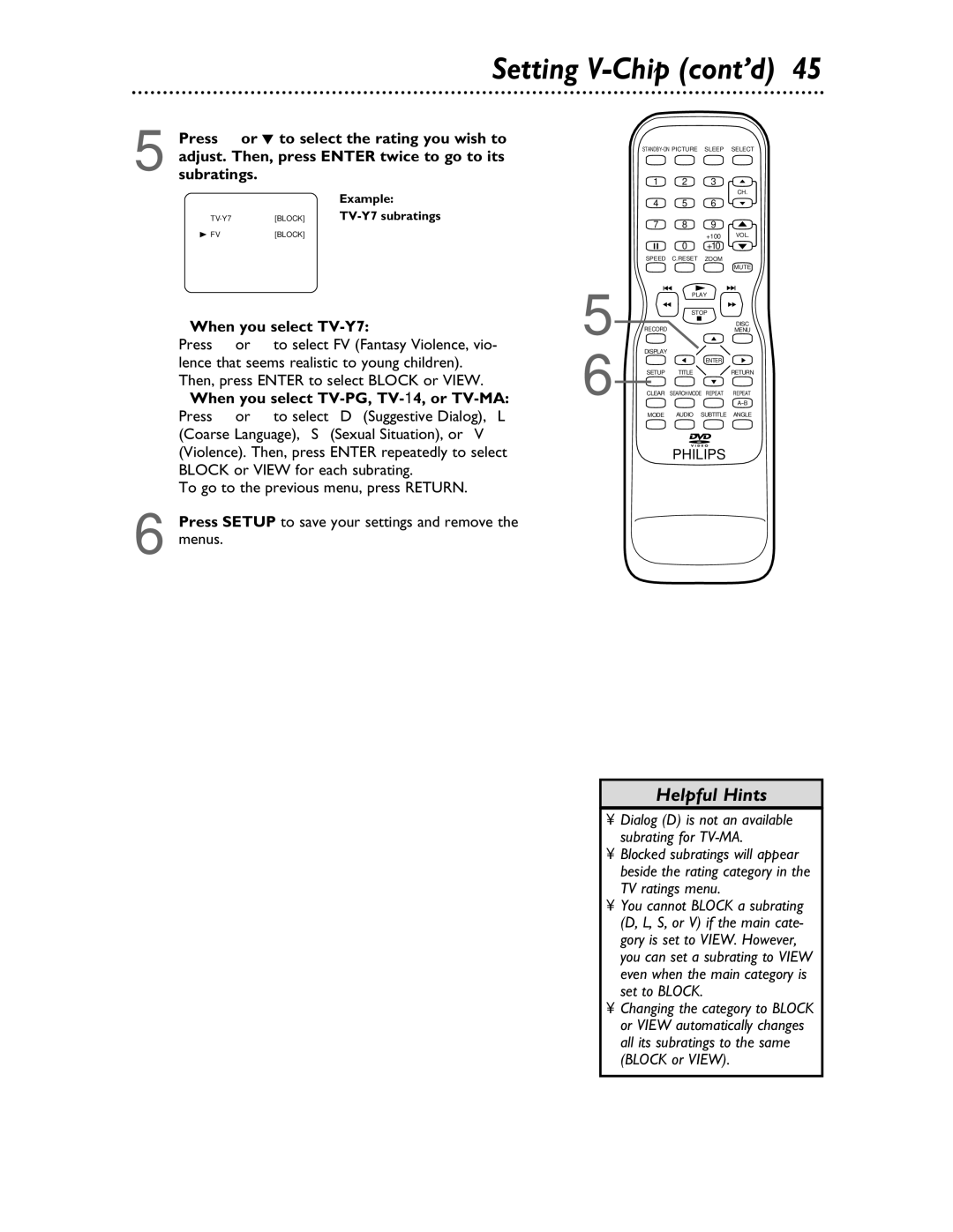 Philips 27DVCR55S Press or L to select the rating you wish to, Adjust. Then, press Enter twice to go to its, Subratings 