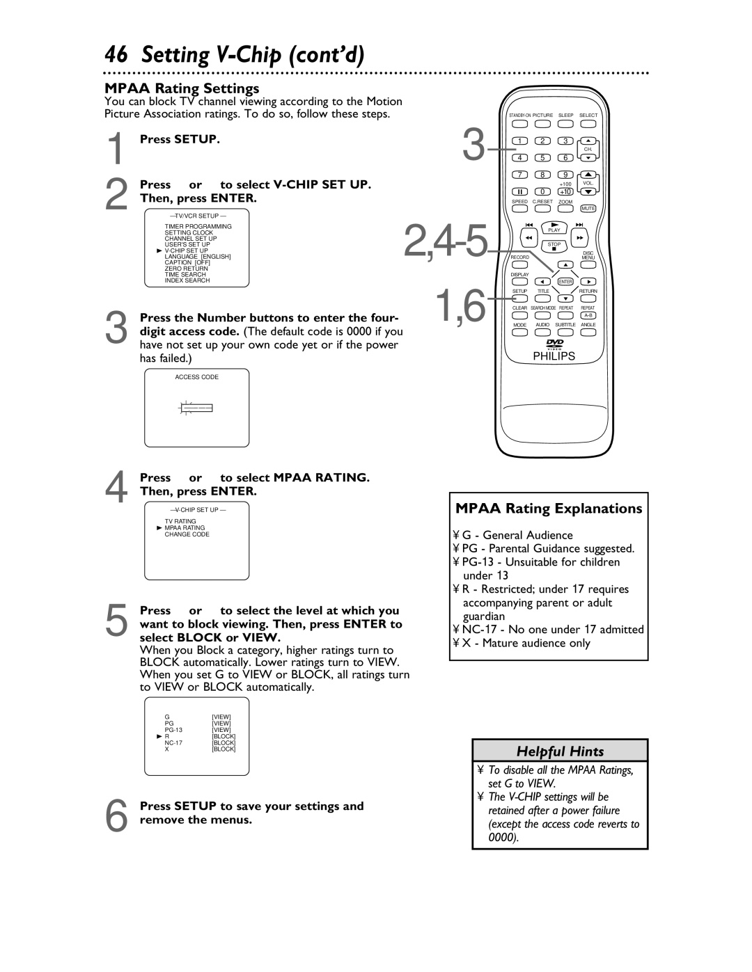 Philips 27DVCR55S owner manual Mpaa Rating Settings, Mpaa Rating Explanations 