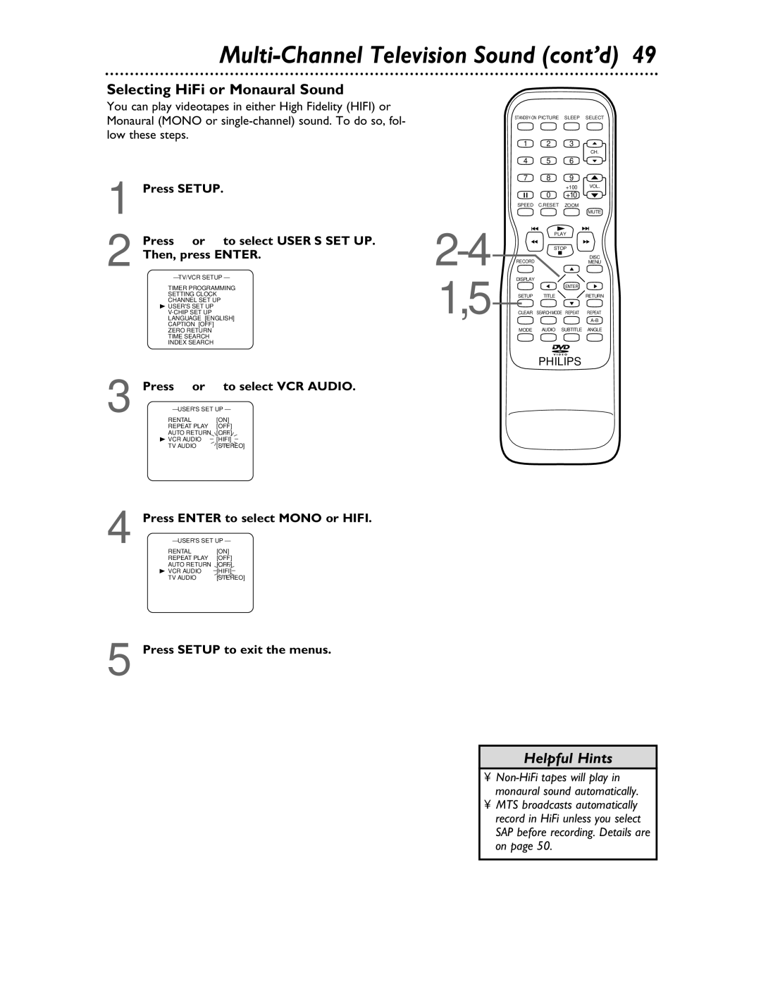 Philips 27DVCR55S Multi-Channel Television Sound cont’d, Selecting HiFi or Monaural Sound, Press or to select VCR Audio 