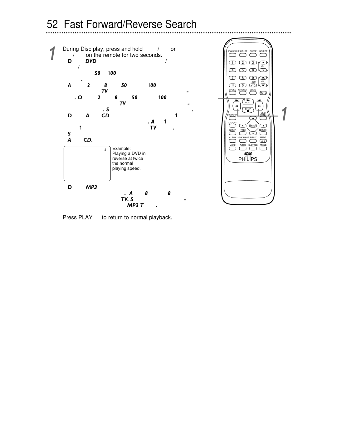 Philips 27DVCR55S Fast Forward/Reverse Search, During Disc play, press and hold i/g or, On the remote for two seconds 