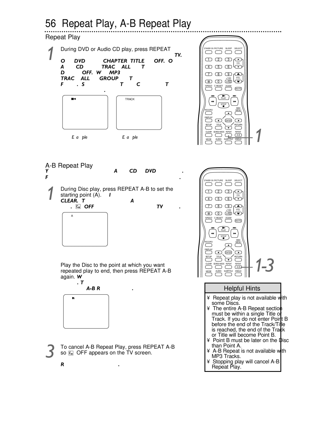 Philips 27DVCR55S owner manual Repeat Play, Over. OFF will appear briefly on the TV screen, Regular play will resume 