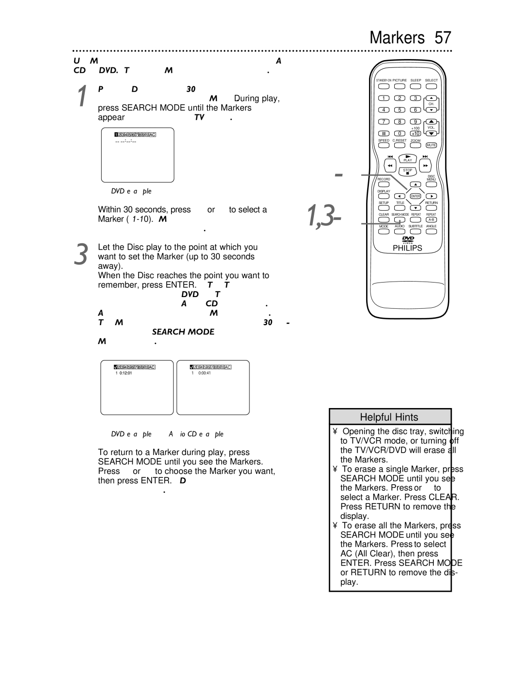 Philips 27DVCR55S owner manual Markers 