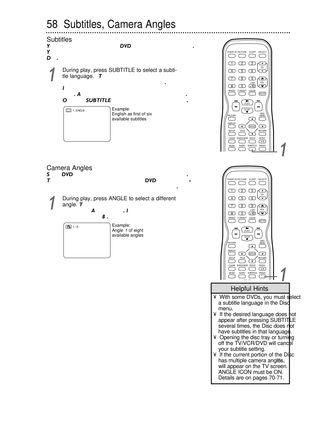 Philips 27DVCR55S owner manual Subtitles, Camera Angles, During play, press Subtitle to select a subti 