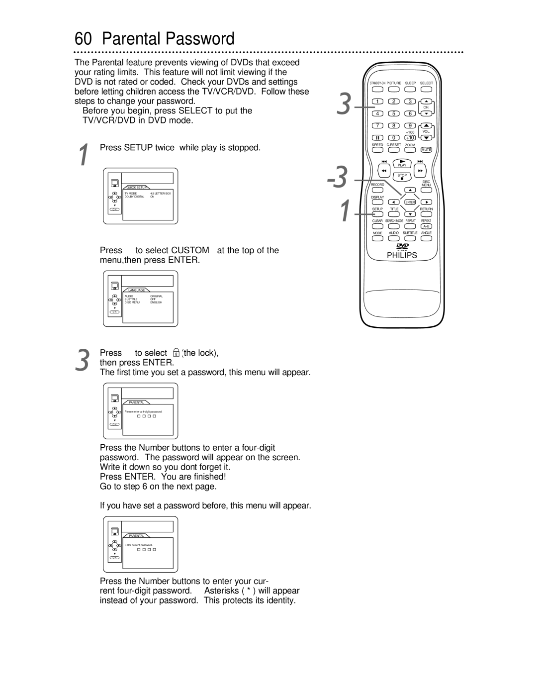 Philips 27DVCR55S owner manual Parental Password, Press B to select Custom at the top, Menu, then press Enter 