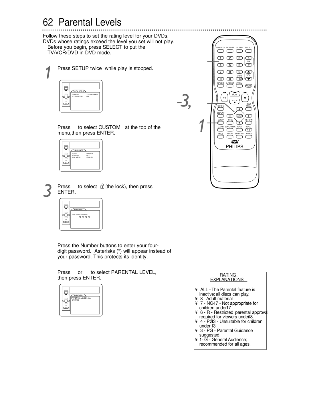 Philips 27DVCR55S owner manual Parental Levels, Press B to select Custom at the top Menu, then press Enter 