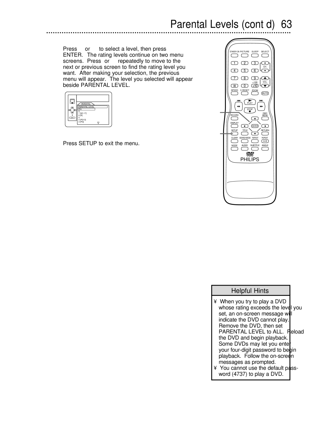 Philips 27DVCR55S owner manual Parental Levels cont’d, Press Setup to exit the menu 