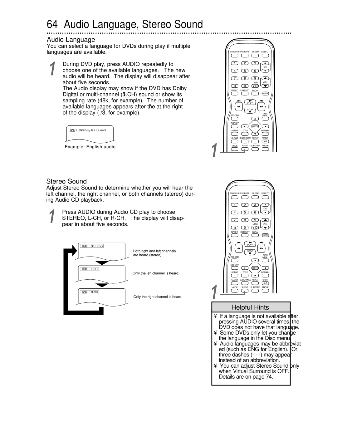 Philips 27DVCR55S owner manual Audio Language, Stereo Sound 