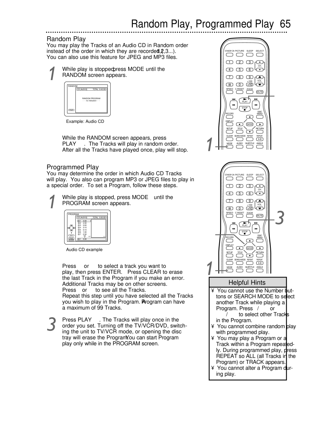 Philips 27DVCR55S owner manual Random Play, Programmed Play, While the Random screen appears, press 