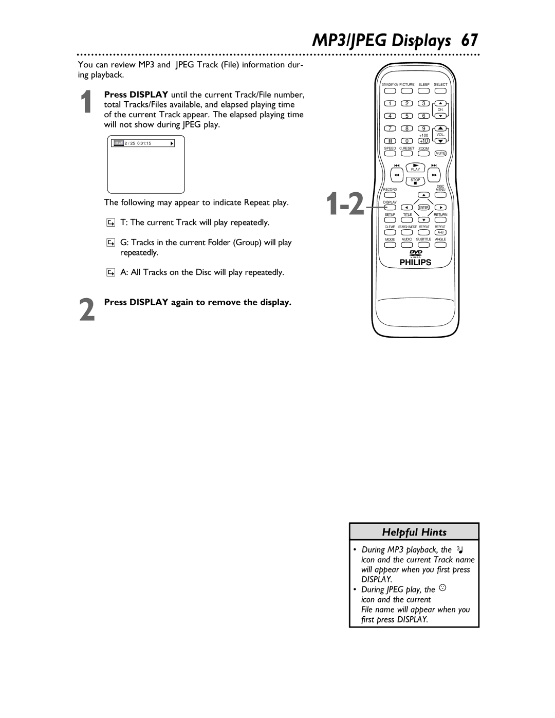 Philips 27DVCR55S owner manual MP3/JPEG Displays, Press Display again to remove the display 