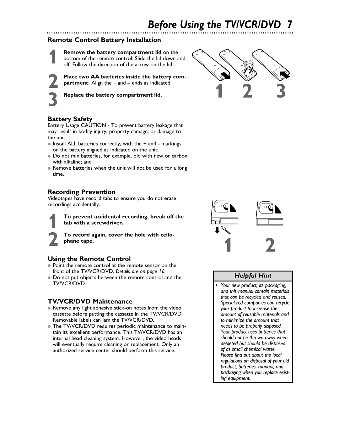 Philips 27DVCR55S owner manual Before Using the TV/VCR/DVD 