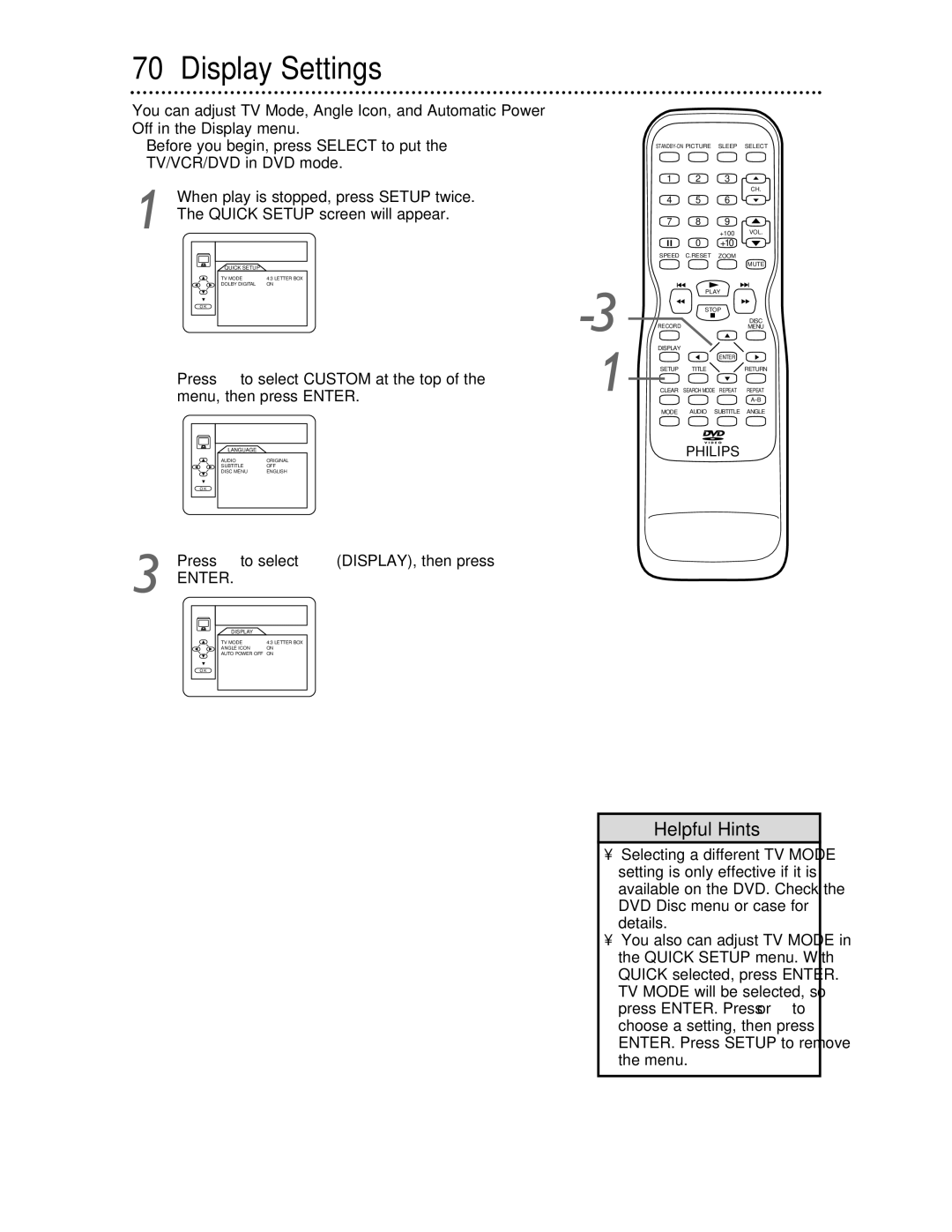 Philips 27DVCR55S owner manual Display Settings, Press B to select DISPLAY, then press 