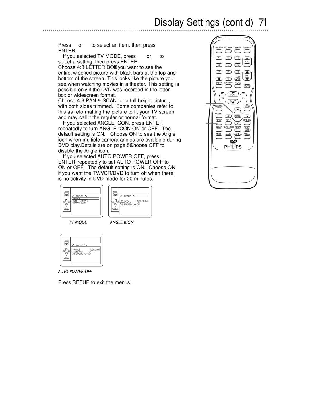 Philips 27DVCR55S owner manual Display Settings cont’d, If you selected Angle ICON, press Enter 